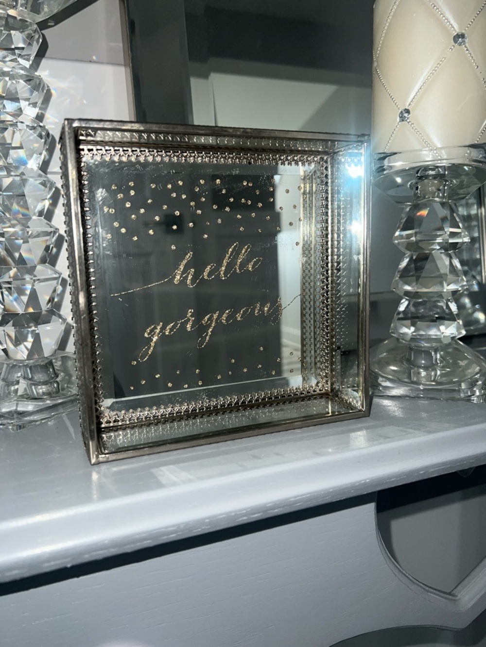 Hello Gorgeous Mirrored Accent decorative box with Gold Script